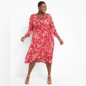 Lane Bryant Surplice High Low Midi Dress 18/20 Faux Wrap Red Floral Jersey